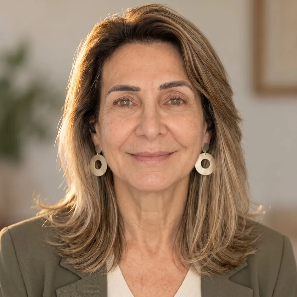 Retrato de Márcia Domingues, sorrindo.