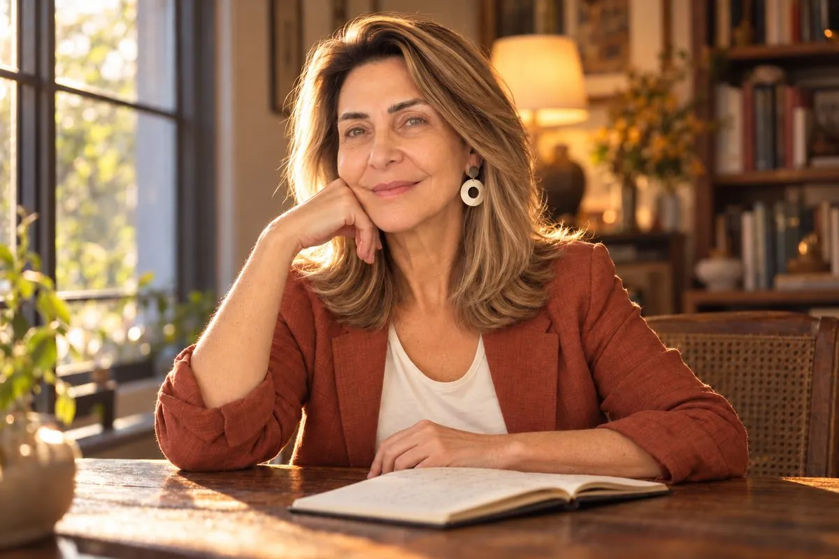 Márcia Domingues sentada à mesa de trabalho, com um caderno aberto.